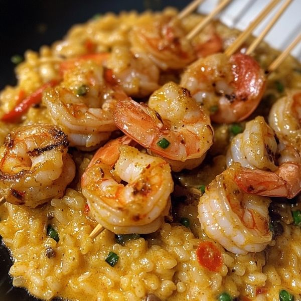 Thai Curry Risotto mit Garnelenspießen und Chiliöl