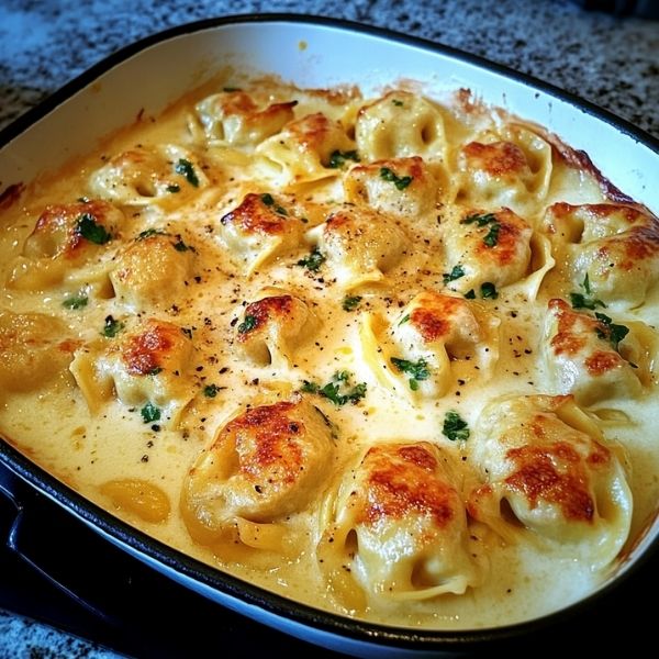 Überbackene Tortellini in einer Knoblauch-Sahnesauce
